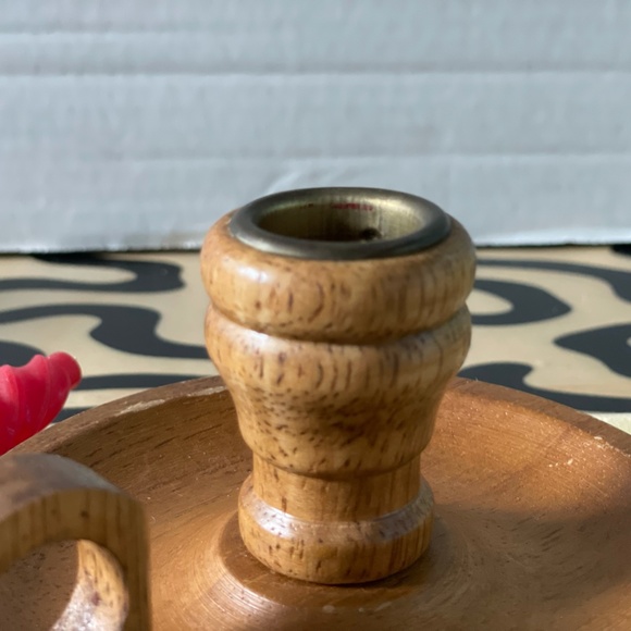 Vintage Wooden & Brass Candle Holder 5" & Twisted Red Candle 6" - Midcentury Mod - Picture 5 of 10
